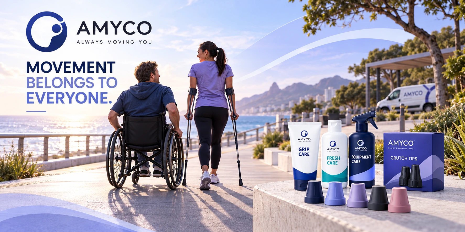 AMYCO mobility campaign showing a wheelchair user and a person walking with crutches on an accessible coastal promenade, with colourful crutch tips, Care products and a supporting branded van