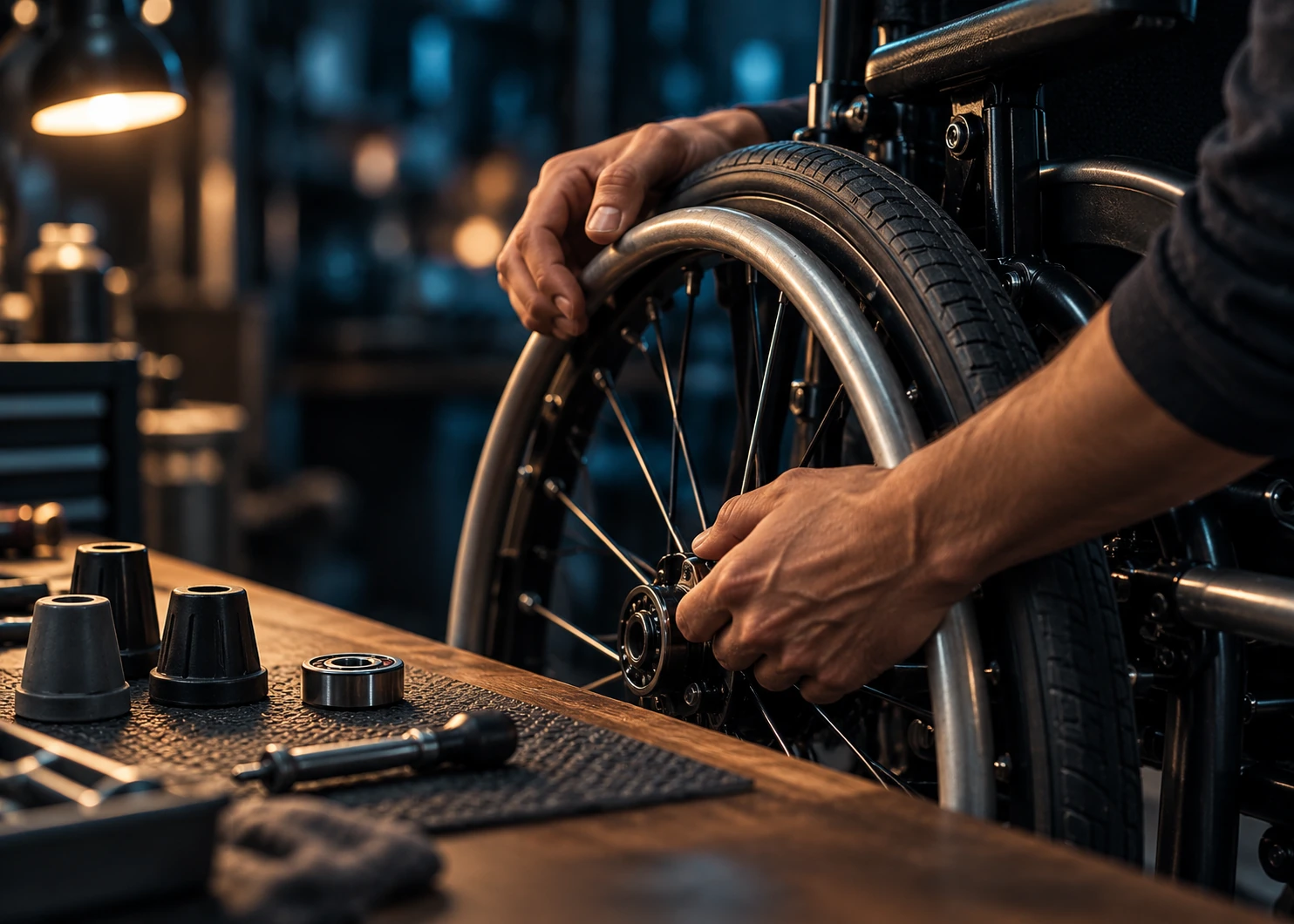 Hands maintaining a wheelchair wheel beside replacement mobility parts