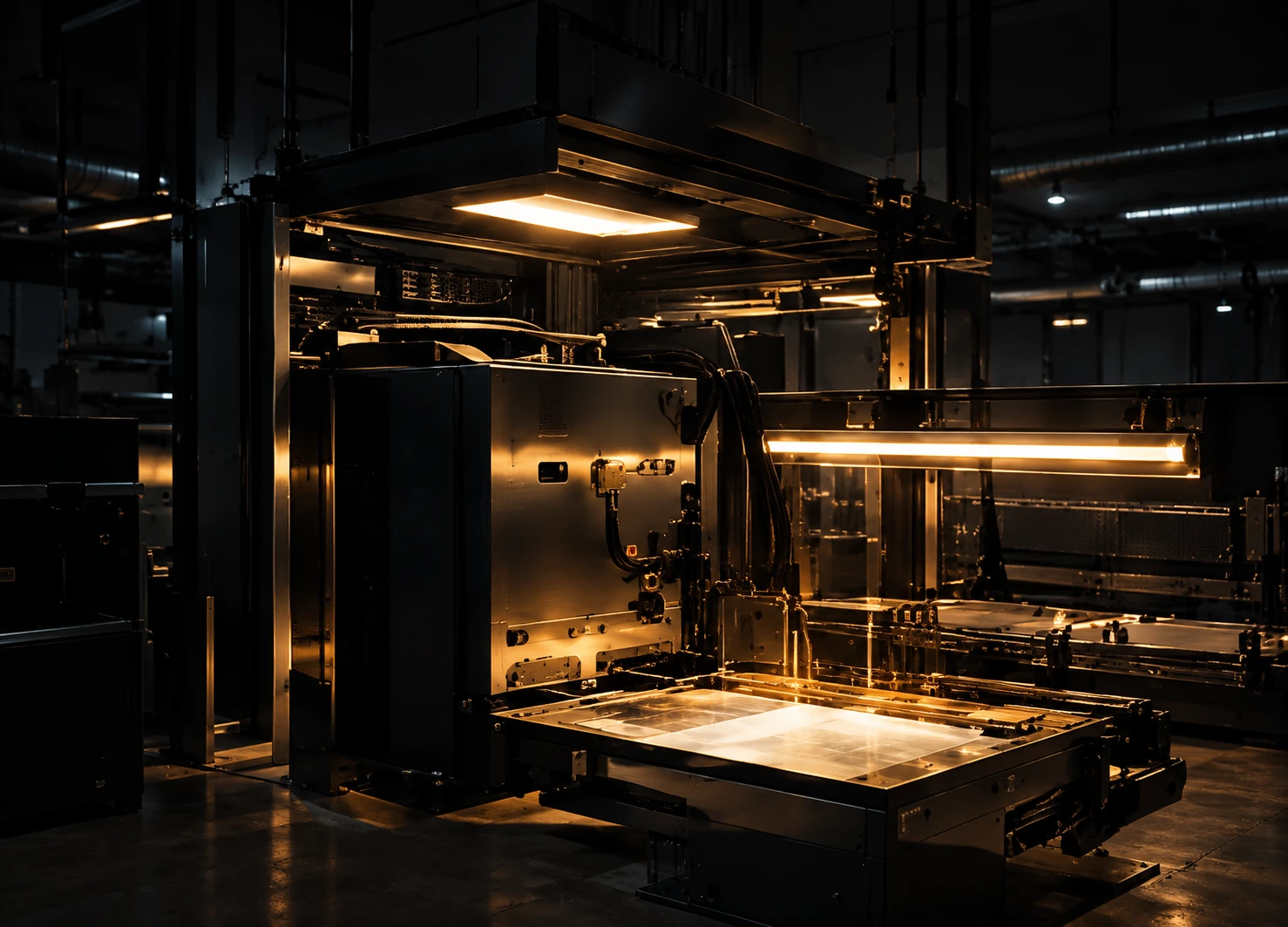 Printing machinery with warm task lights in a dark production space