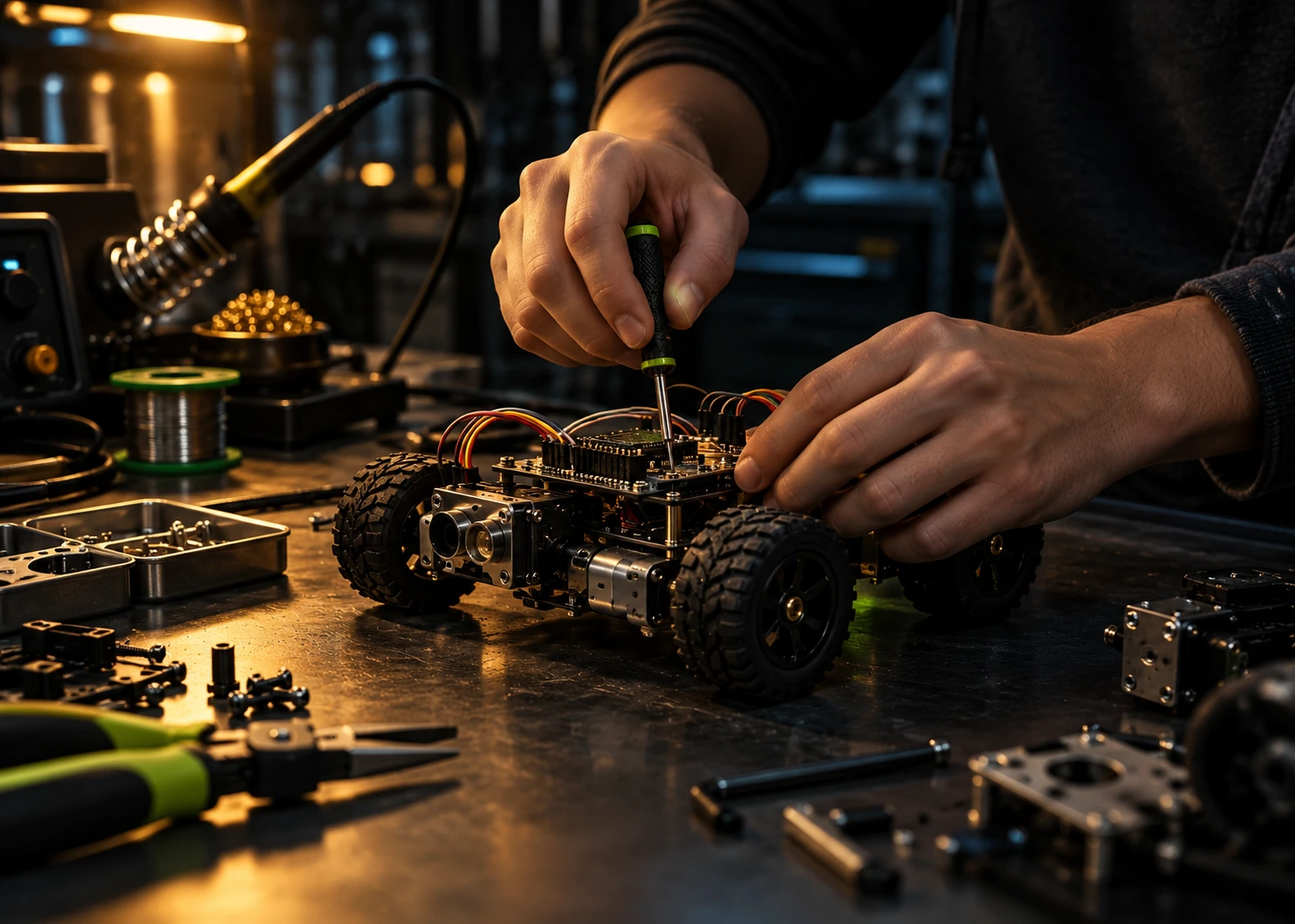 Hands assembling a small robotics project on a dark workshop bench