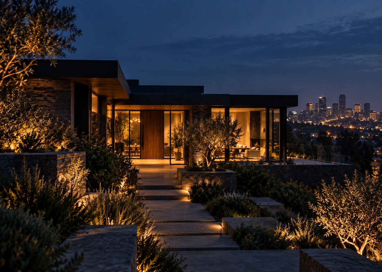 An illustrative modern property with warm windows at blue hour
