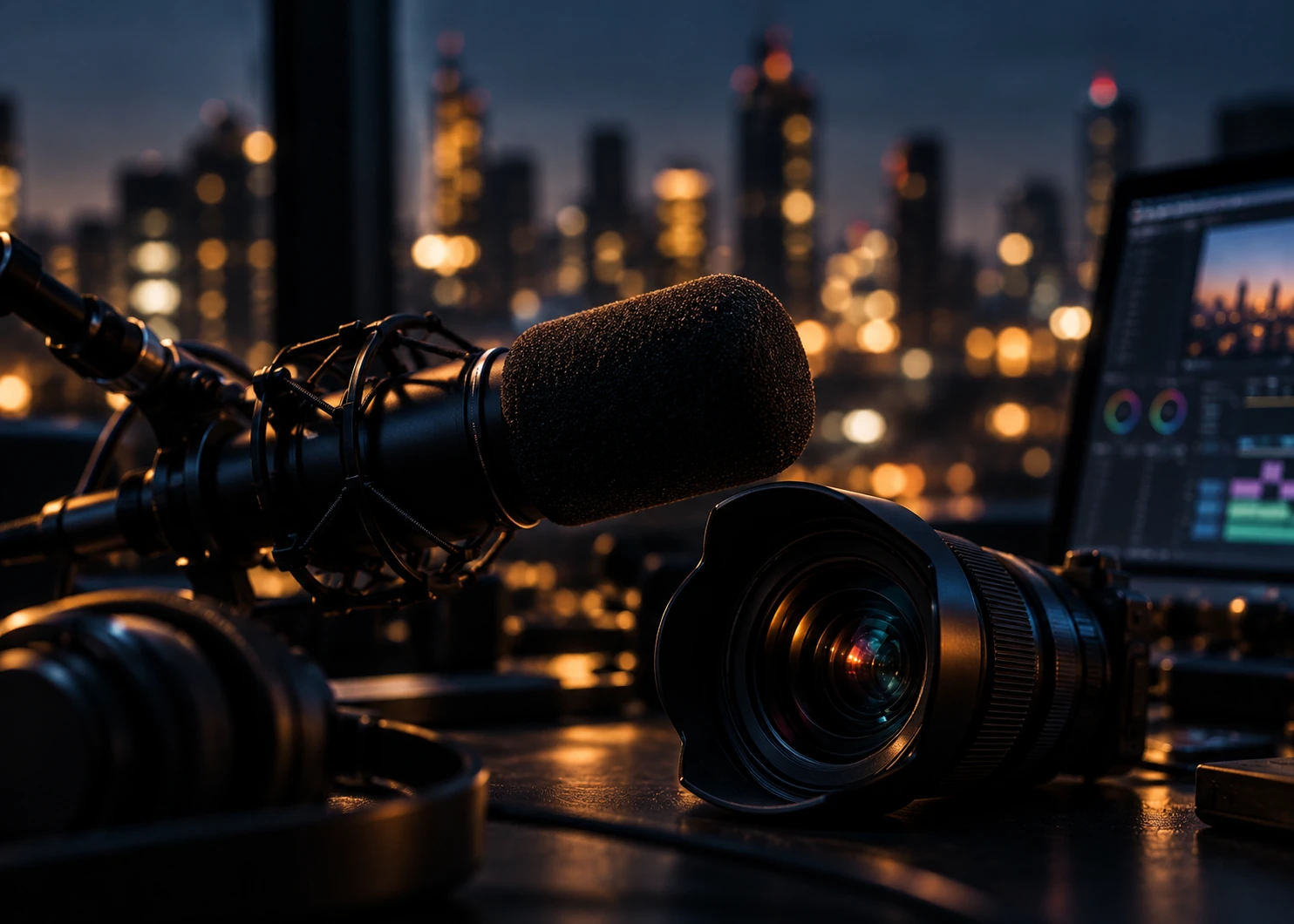 A broadcast microphone and camera lens beside an evening city window