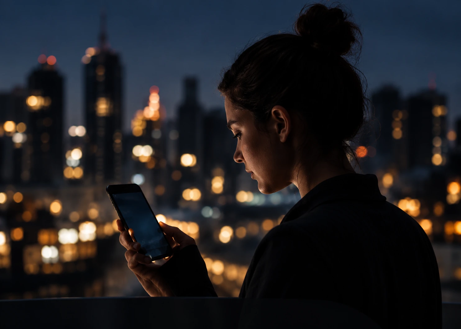 A person using a phone beside an evening city window