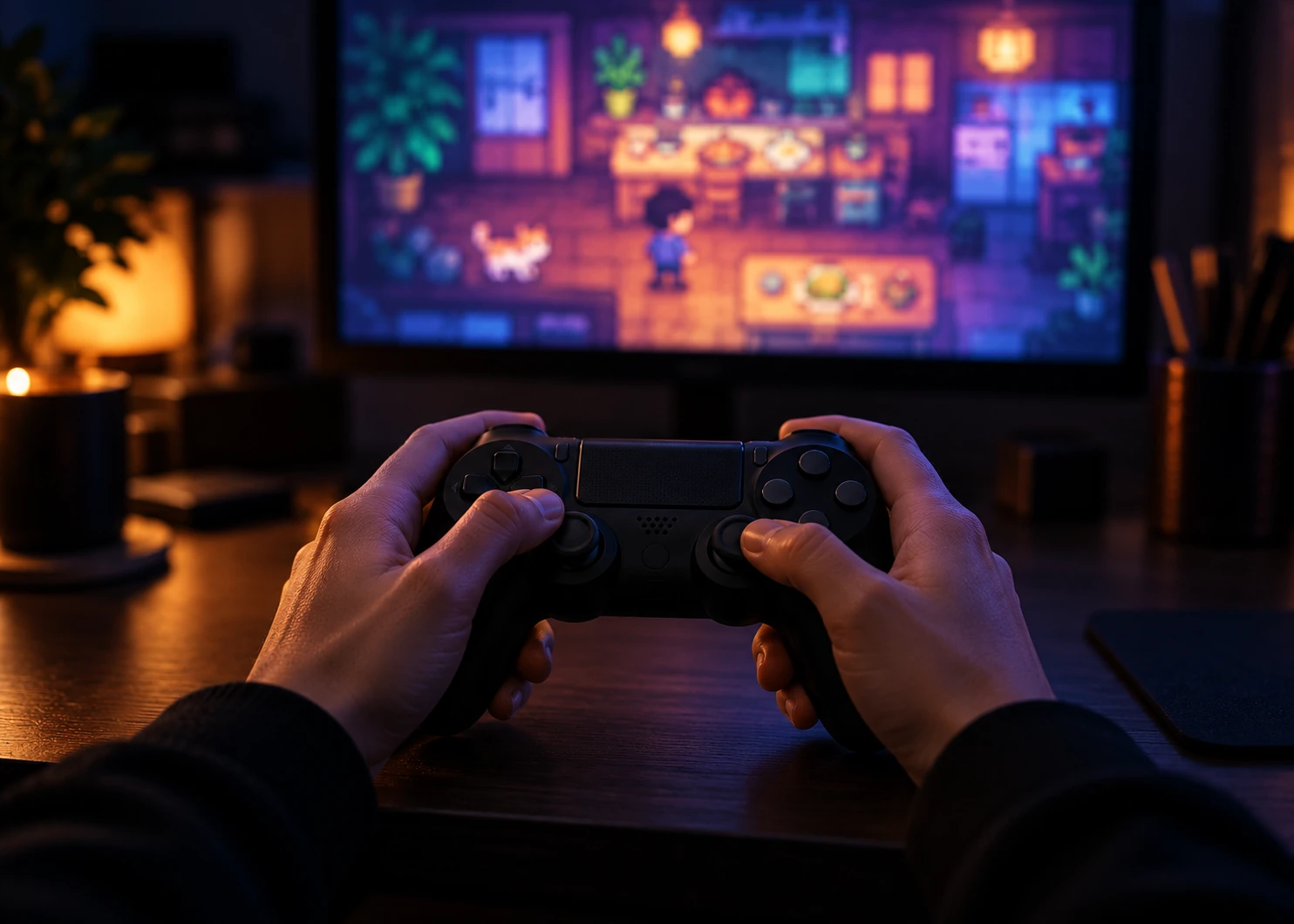 Hands holding a game controller with a softly blurred pixel-art game behind