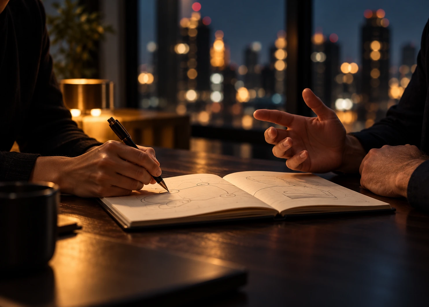 People collaborating over a notebook beside an evening city window