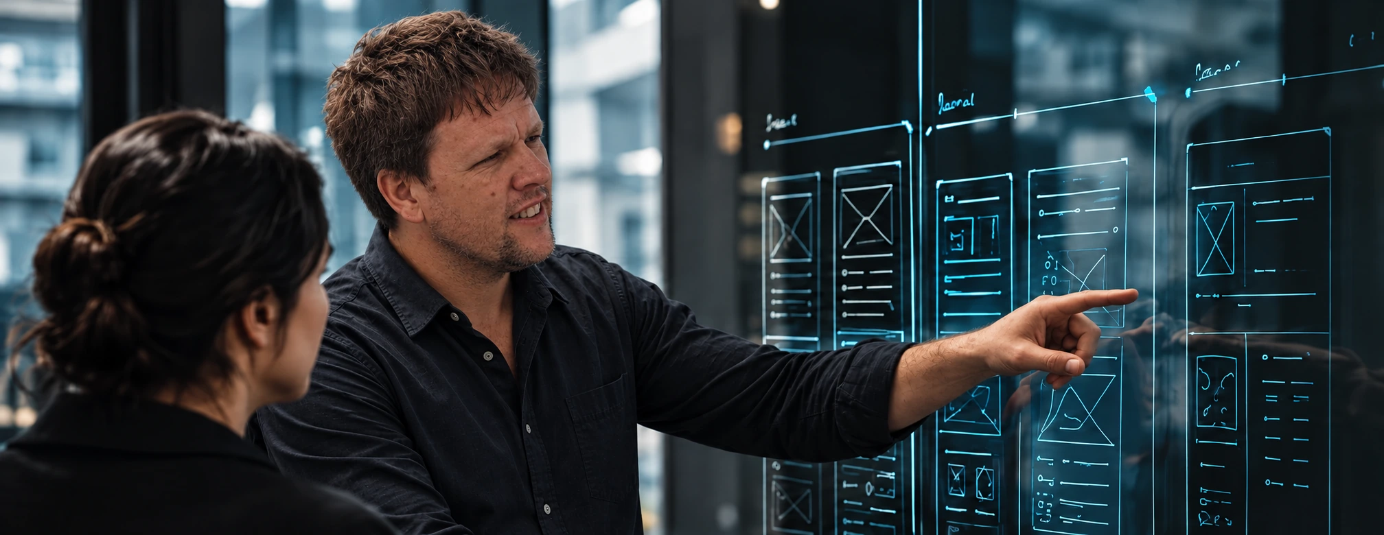 Nikolai Lombaard discussing website wireframes and user journeys with a colleague