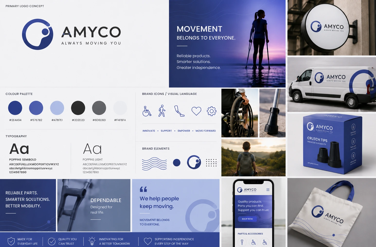 AMYCO brand identity board with its movement logo, blue palette, accessible imagery and product applications