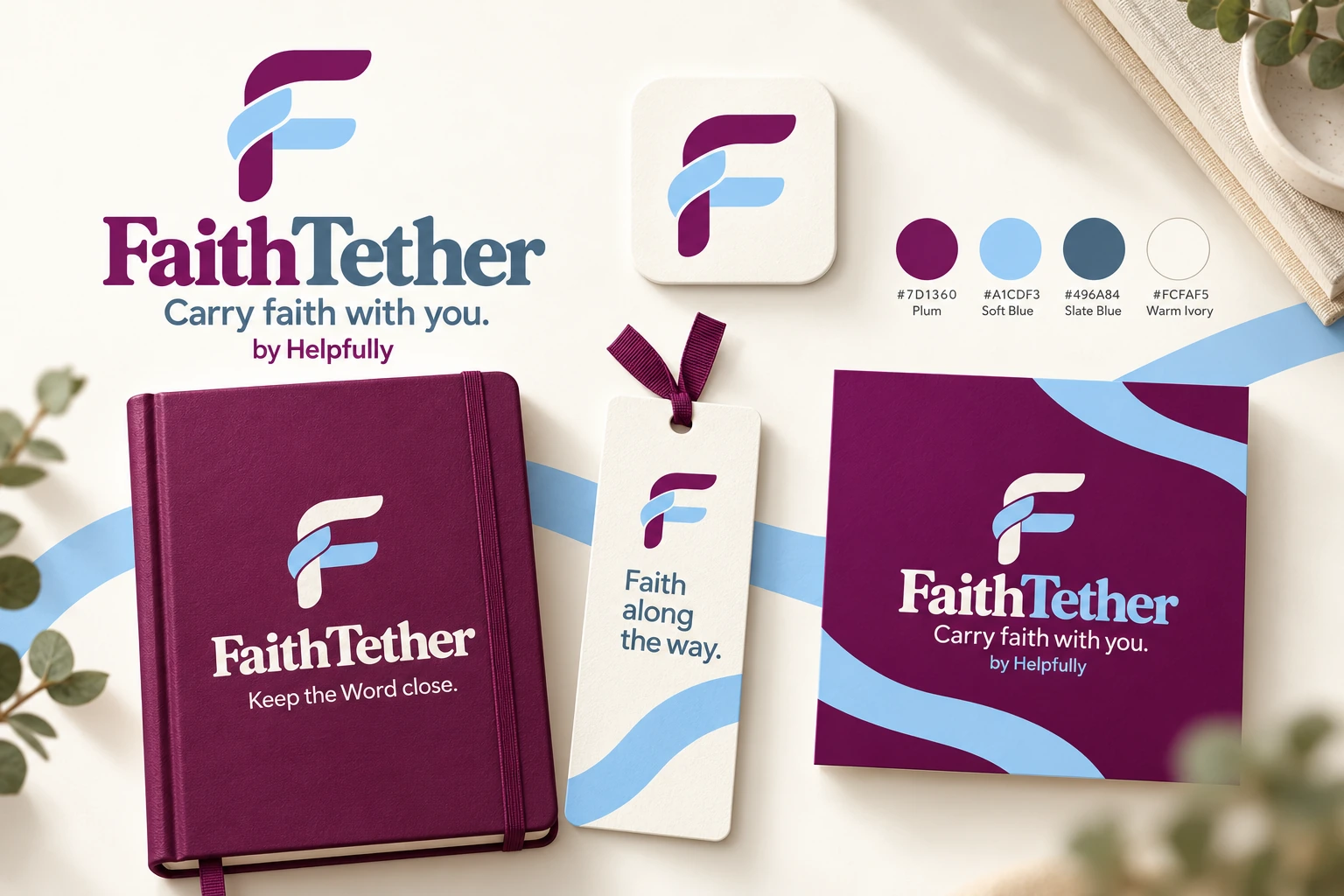 FaithTether identity board with the connected-letter logo, rich plum and soft blue palette, profile icon, journal, bookmark and campaign applications