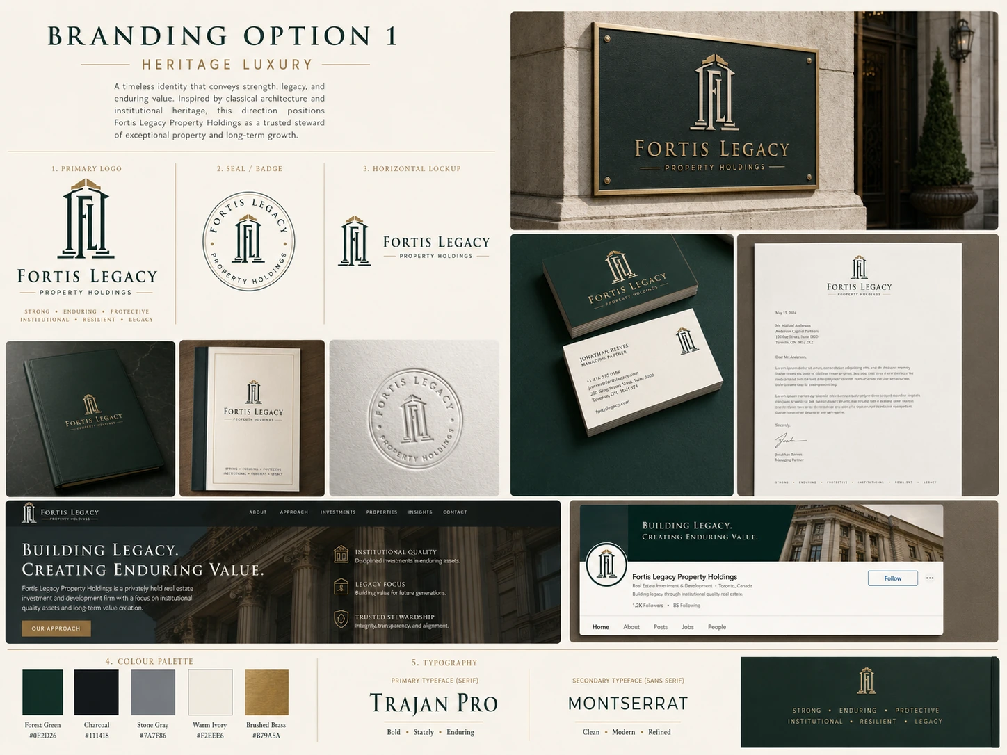 Fortis Legacy identity direction with its architectural monogram, green and brass palette, stationery and signage concepts