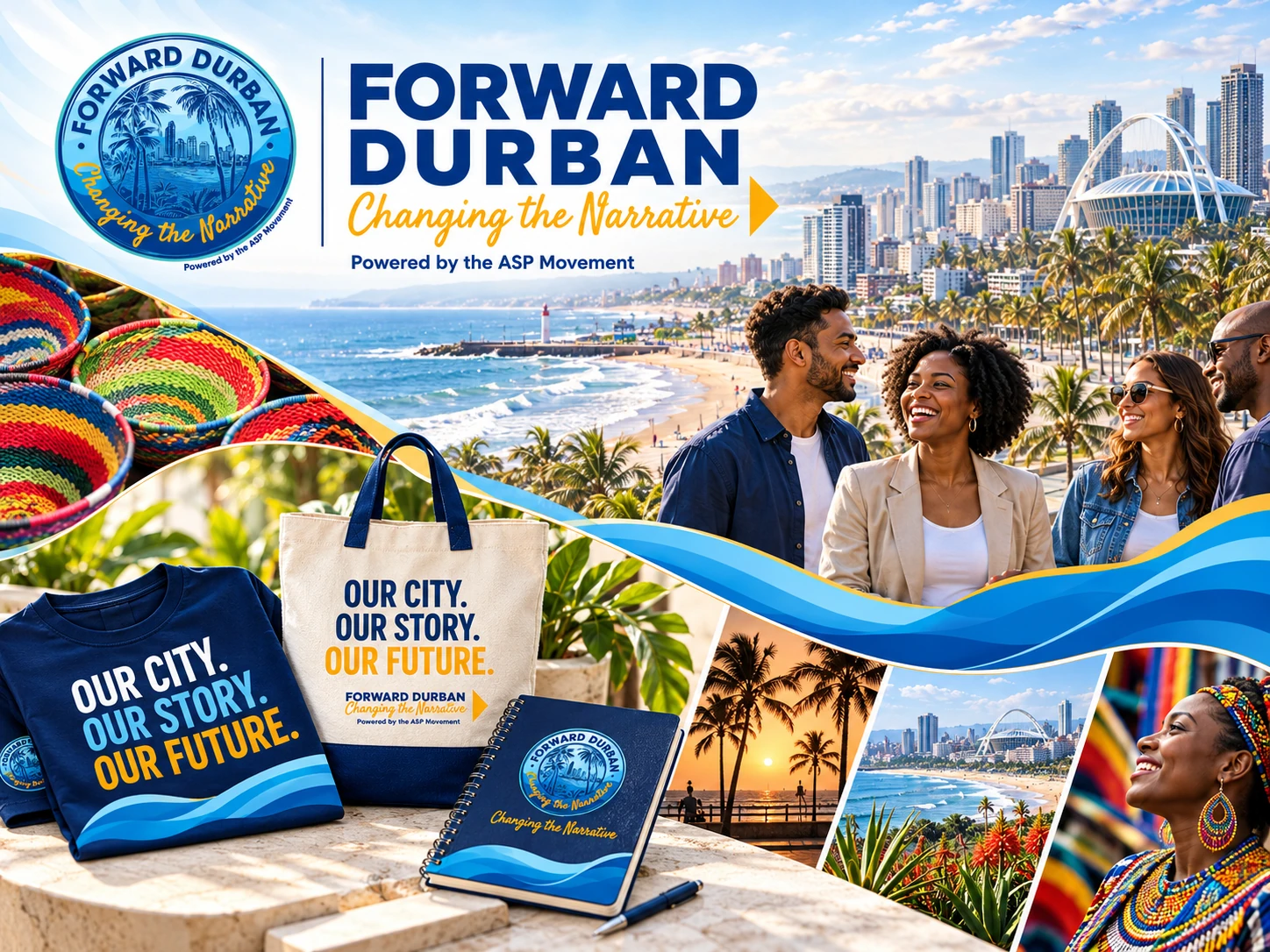 Forward Durban brand applications combining the colour emblem, Durban coastline and people, local woven craft, blue and gold waves, and branded clothing, tote bag and notebook