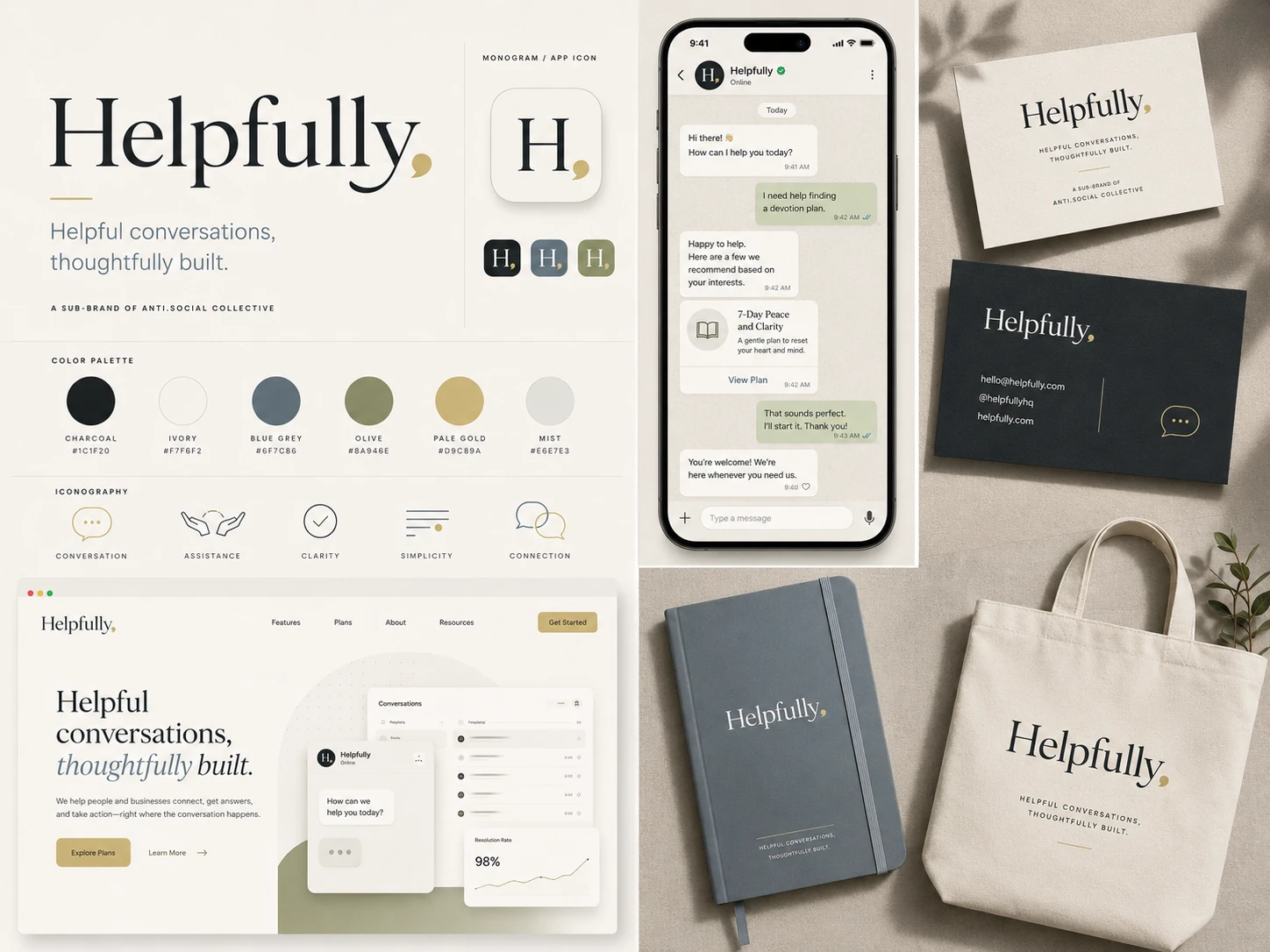 Helpfully brand guideline with its wordmark, monogram, colour palette, WhatsApp and website concepts, stationery and branded applications
