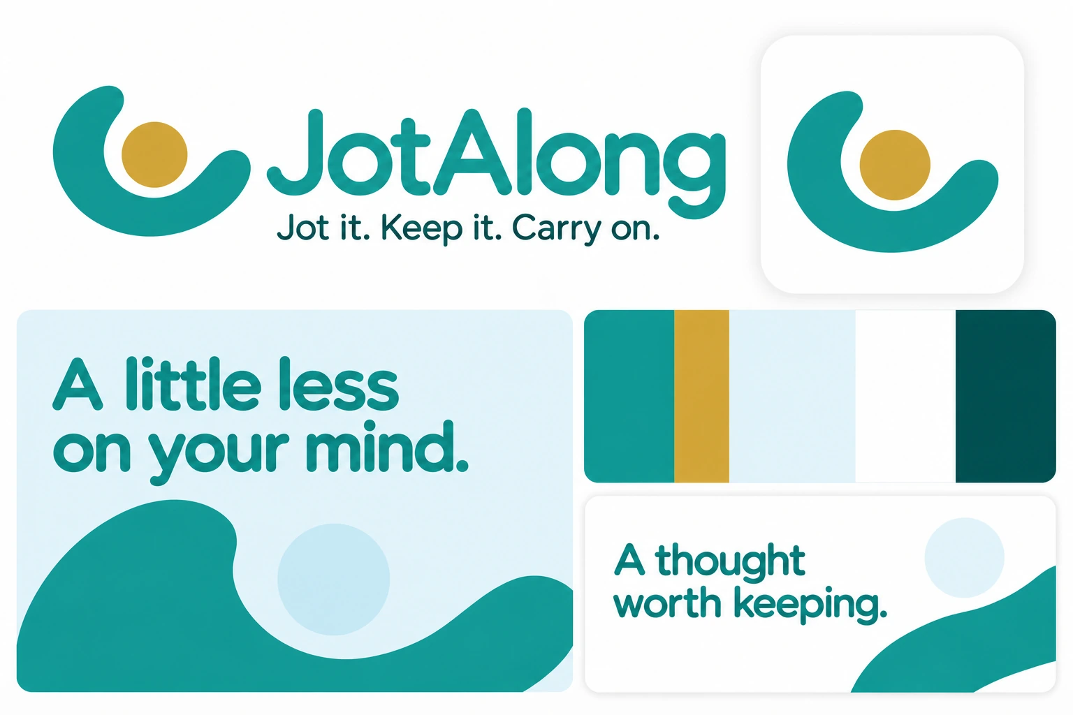 JotAlong identity overview with the bright teal cradle, gold thought dot, soft rounded wordmark, light blue and white surfaces, palette and campaign graphics