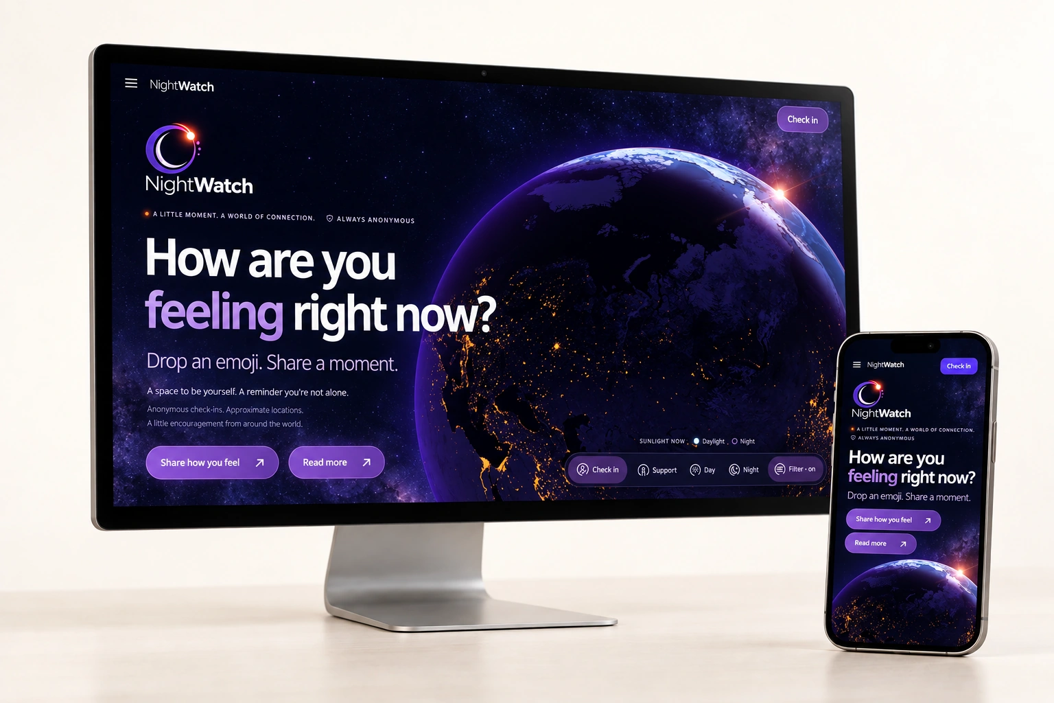NightWatch’s purple globe and anonymous emoji check-ins shown on a desktop monitor and mobile screen