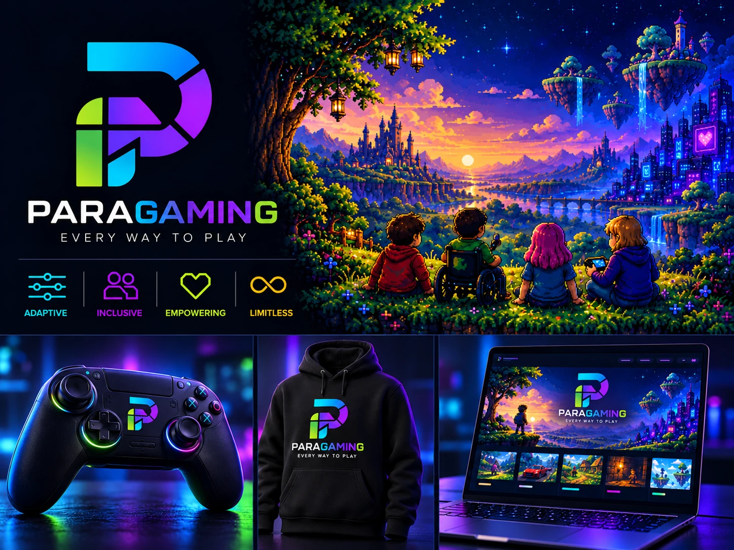 Paragaming brand styling with the supplied arrow-shaped segmented P logo and Every way to play tagline, inclusive pixel-art gaming worlds, controller, hoodie and laptop application concepts