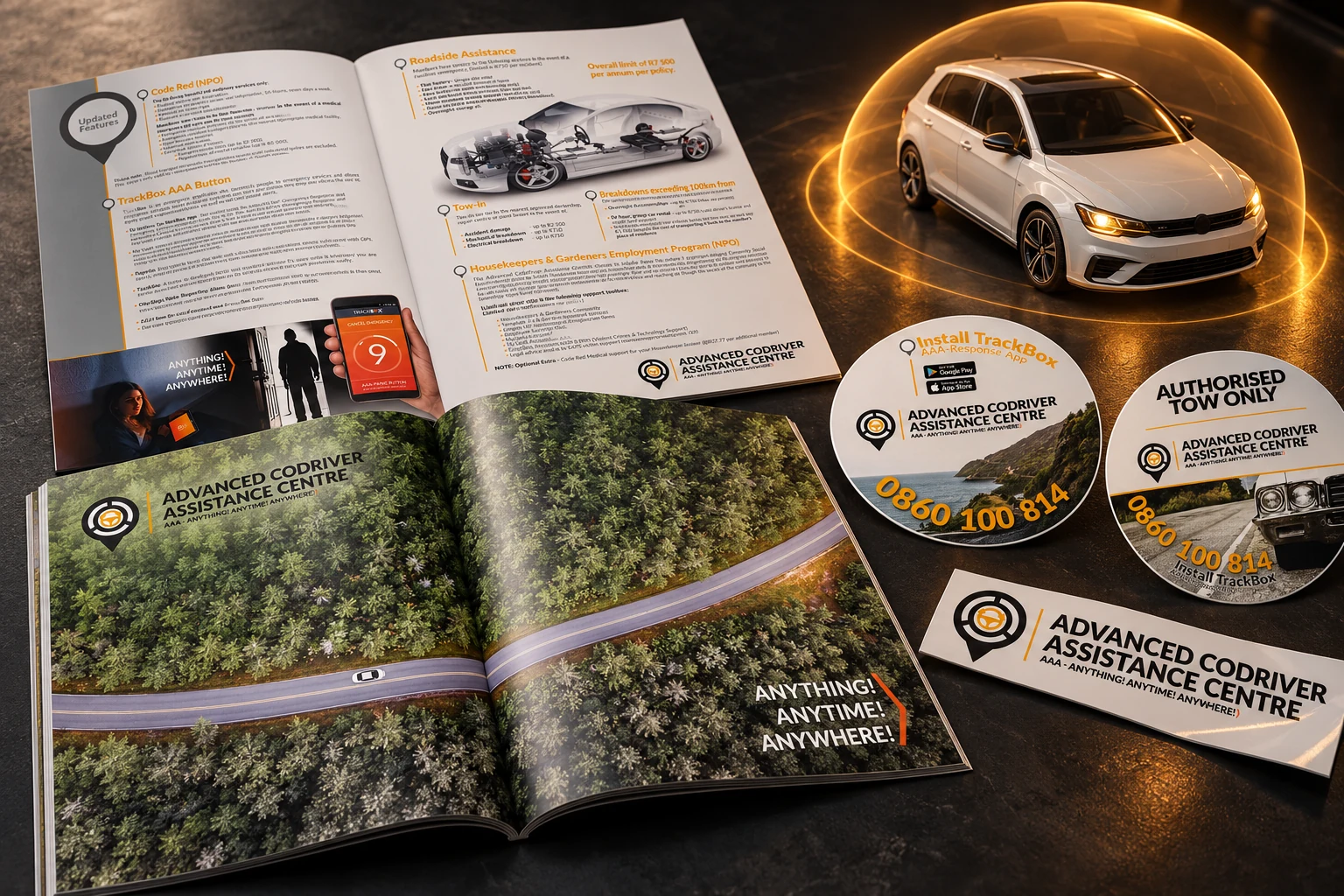 Advanced CoDriver brand rollout with open booklets, vehicle stickers, identity artwork and a white car within a protective amber halo