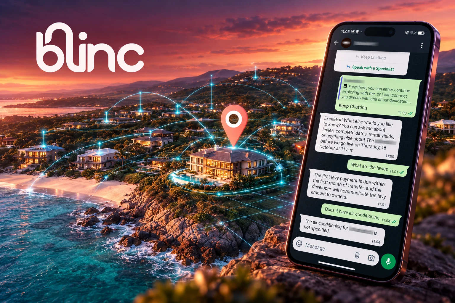 Blinc property discovery concept with connected coastal homes, a location pin and the original WhatsApp property-assistant conversation on a phone