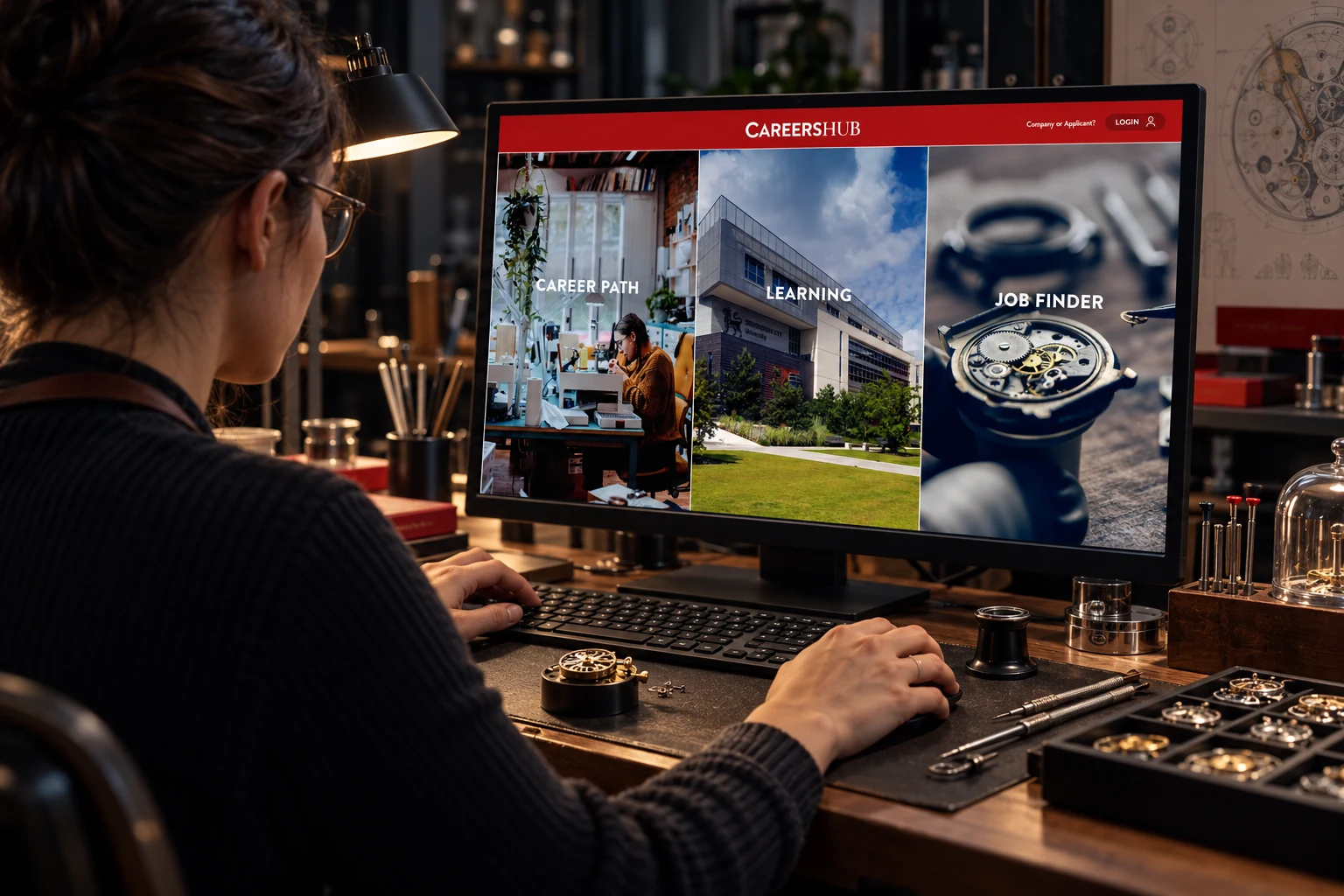 A watchmaking job candidate exploring Careers Hub on a computer at a specialist workbench