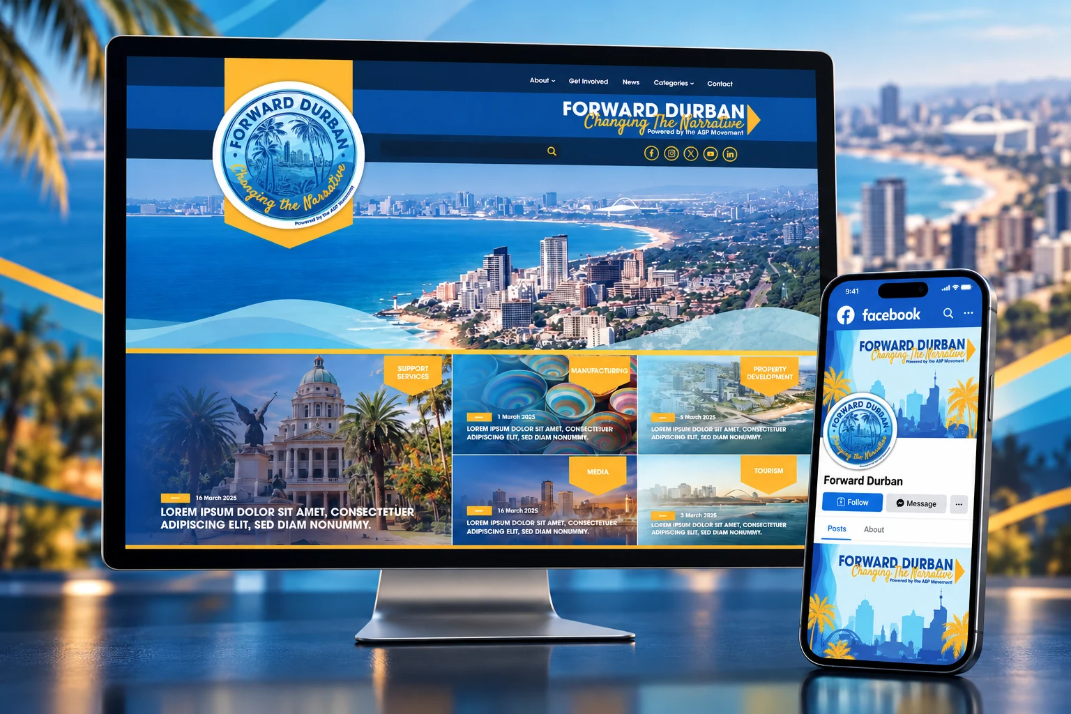 Forward Durban website on a desktop monitor with its Facebook page on the phone beside it