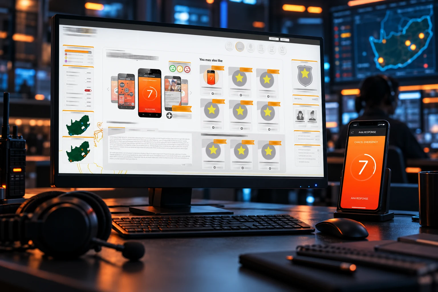 IMICS Gen11 interface on an emergency control-room desk monitor with the orange AAA Response app on a separate phone