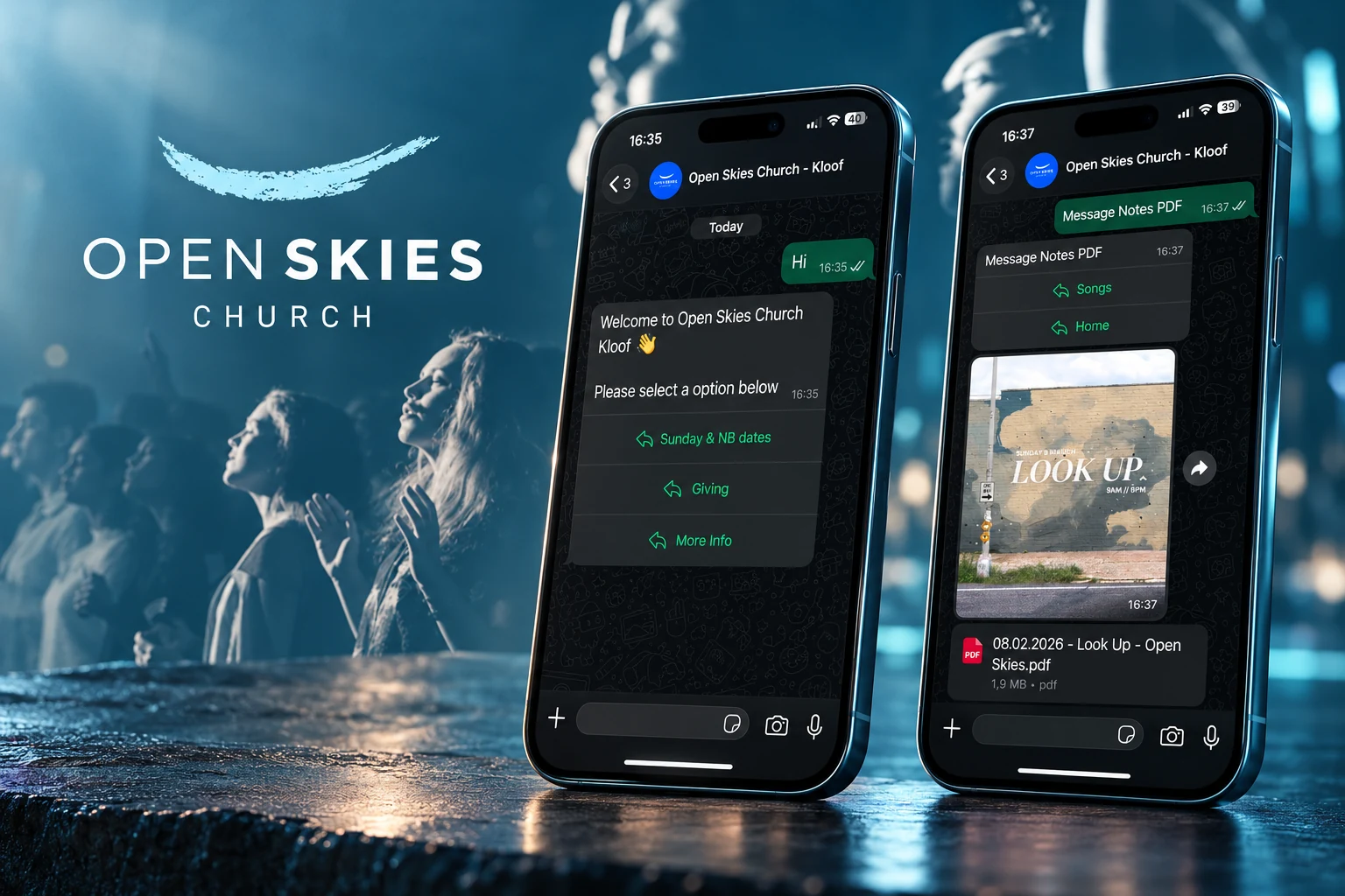 Open Skies Church worship backdrop and original identity behind two phones presenting the church WhatsApp bot