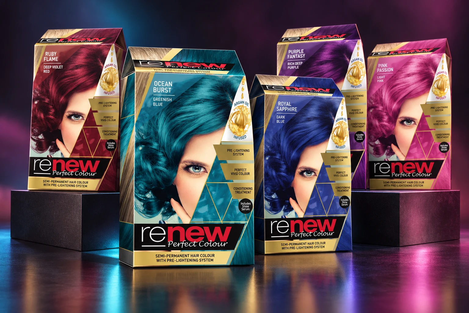 Renew Perfect Colour cartons arranged on studio plinths with the original coloured hair portraits, sloping lids and gold geometric packaging